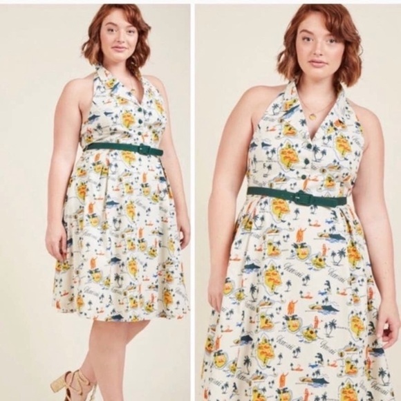 NEW ModCloth Hawaii Island Genuine Genius Halter Novelty Print Dress Sz M - Picture 1 of 15